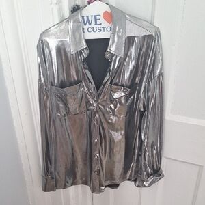 Vici White Graphic Oversized Button Down Shirt